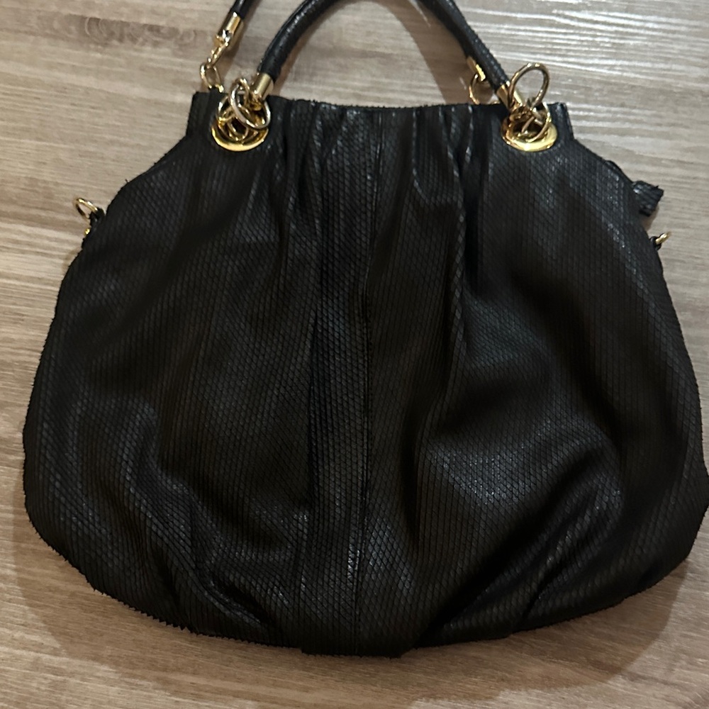 Cynthia Rowley Black Textured Leather Shoulder Bag with Gold Accents - Picture 7 of 10